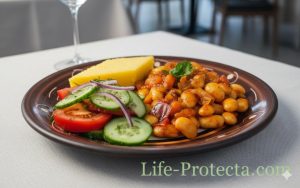 Fasole scăzută cu salată de roșii și castraveți