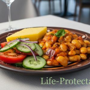 Fasole scăzută cu salată de roșii și castraveți